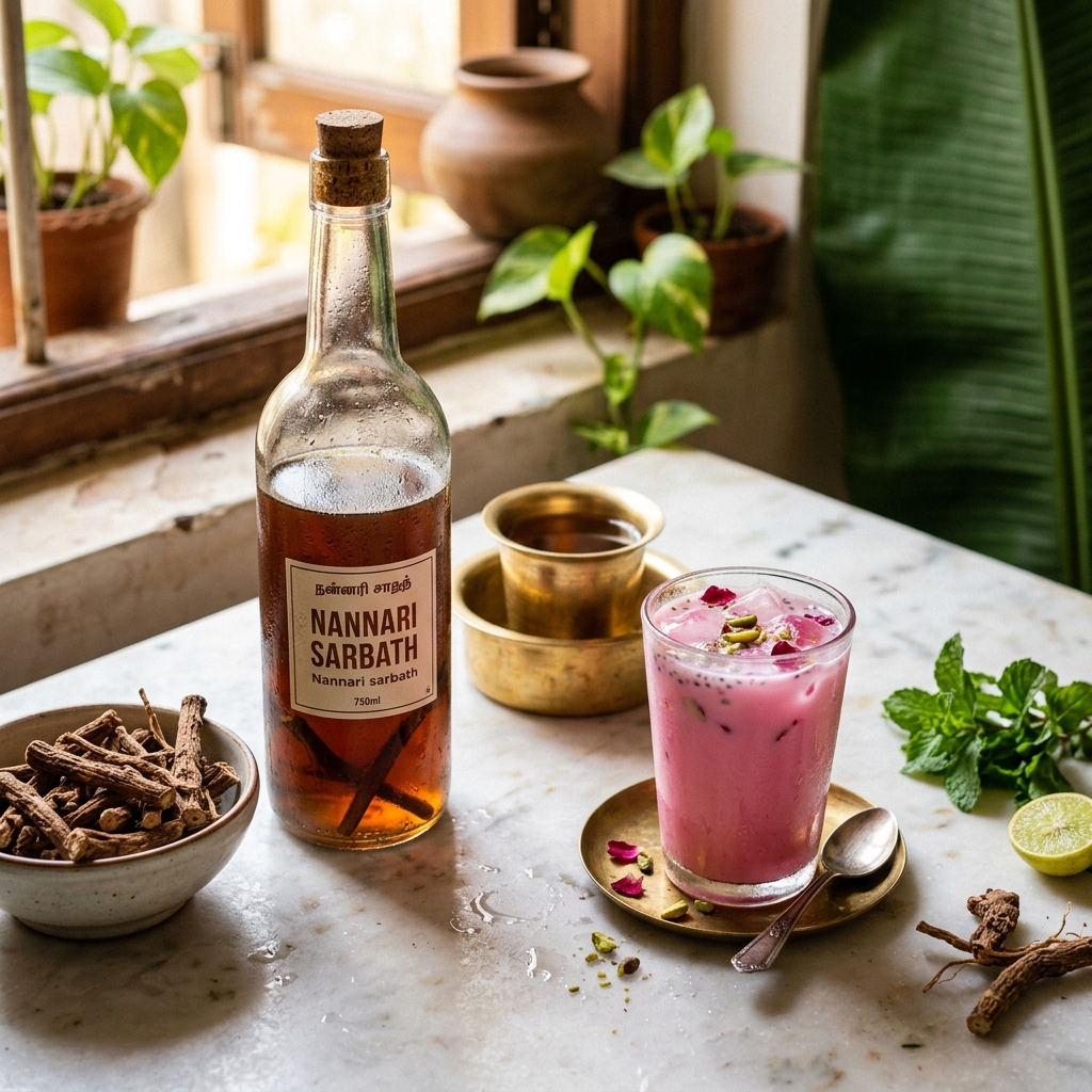 Premium Nannari Sarbath & Rose Milk Concentrate setup