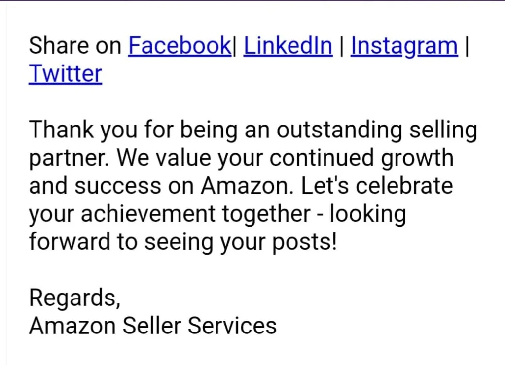 Amazon Outstanding Selling Partner Letter